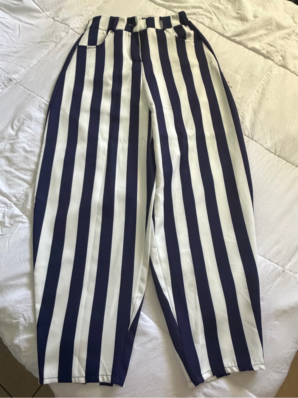 Wide Leg (Barrel) Vertical Stripe Pants in Navy and White